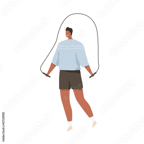 Happy man jumping with jump or skipping rope. Healthy active person doing car...