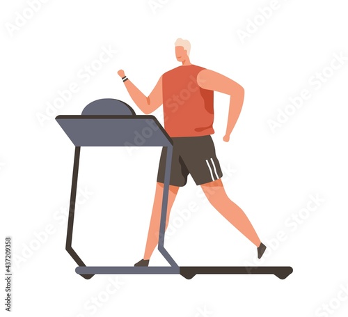 Person running on treadmill. Young man during cardio workout on gym equipment...