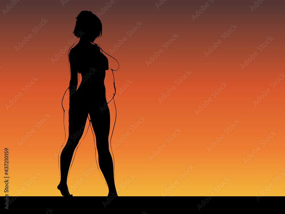 Vector conceptual fat overweight obese female vs slim fit healthy body after weight loss or diet with muscles thin young woman over sunset. Fitness, nutrition or fatness obesity, health shape