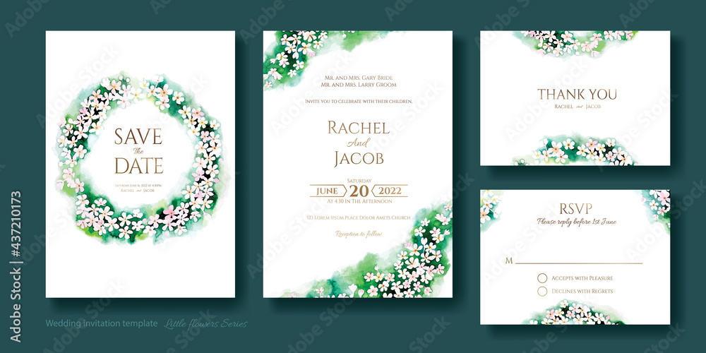 Wedding Invitation, save the date, thank you, rsvp card template. Vector. Cute little flowers. Watercolour styles.