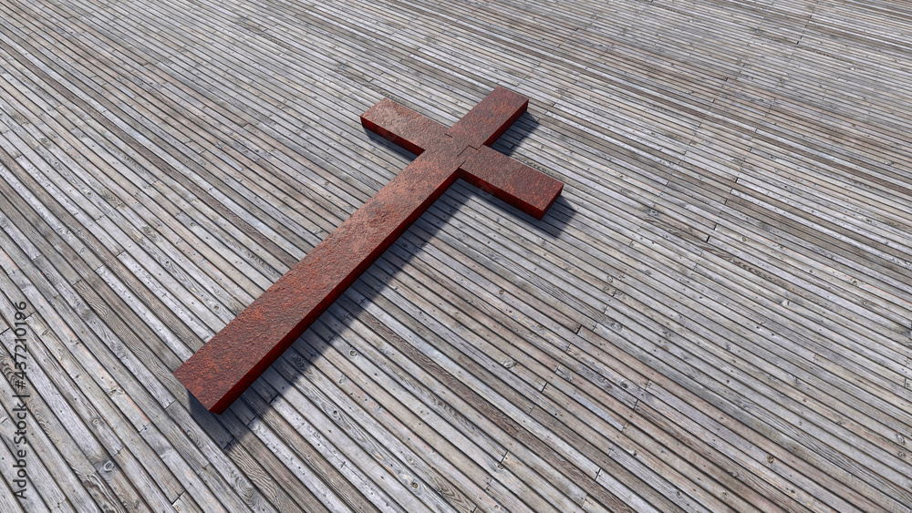 Concept or conceptual rusted metal cross on a natural wood or wooden logg background. 3d illustration metaphor for God, Christ, religious, faith, holy, spiritual, Jesus, belief, resurection