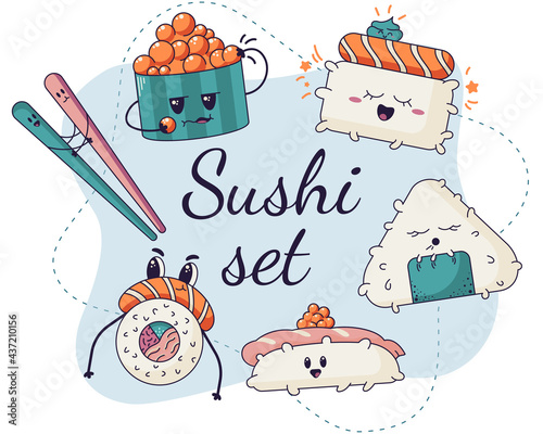 Vector sushi cartoon characters illustration. Illustration of rolls, onigiri, gunkan, and other sushi staff. illustration on doodle kawaii style. Vector illustration