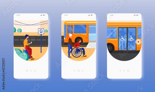 Bus station. City bus wheelchair access ramp. Mobile app screens, vector website banner template. UI, web site design.