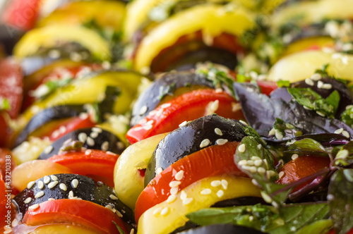 Ratatouille Diet Vegetarian Vegan Food - A traditional French Provencal vegetable dish, raw ingredients for baking in the oven, macro photo.