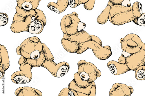 Seamless wallpaper pattern. Toy bear. Funny poses. Humor textile composition, hand drawn style print. Vector illustration.