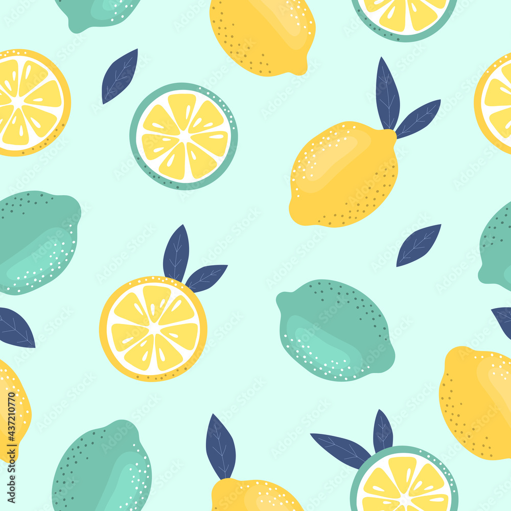 Seamless lemon pattern. Juicy turquoise and yellow lemons. Suitable for textiles, web banners, postcards, backgrounds. Fresh summer fruits. Vector illustration.