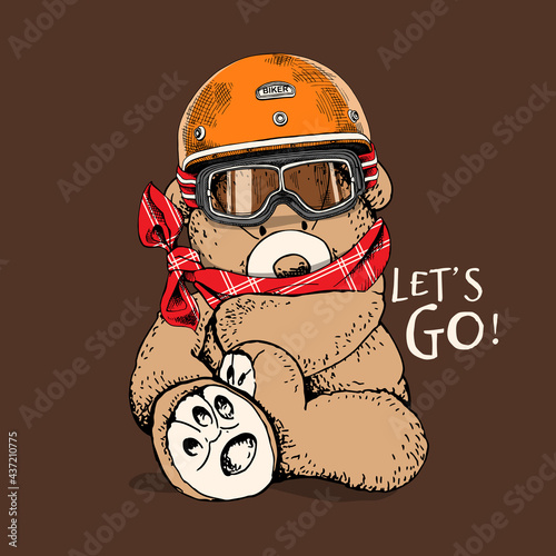 Toy Teddy bear in the retro bikers helmet with glasses and in the neckerchief. Humor textile composition, hand drawn style print. Vector illustration.