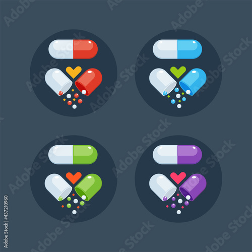 A set of Medical Capsule. Red, Blue, Green, and Purple