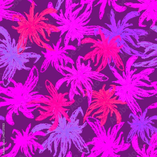 Seamless pattern. Abstract purple, lilac, pink flowers on a red background. Endless botanical background. For fabrics, textiles, clothing, packaging.