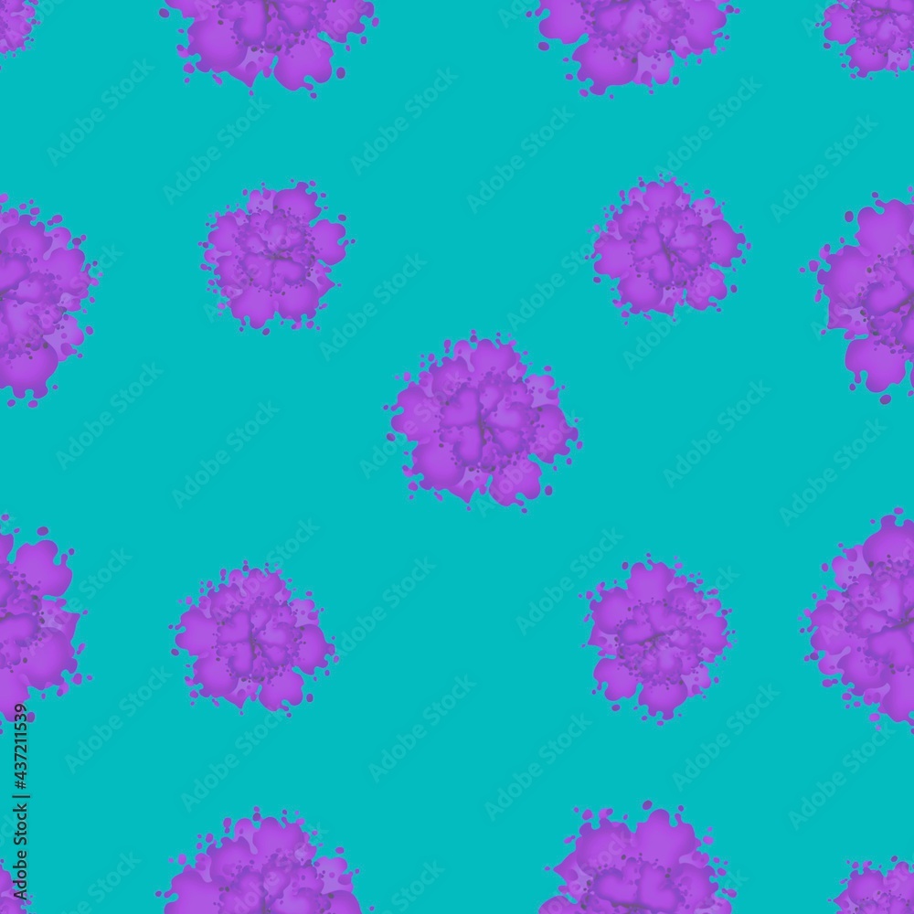 Floral seamless pattern. Lilac, purple, pink flowers on a blue background. Unusual abstract flowers.