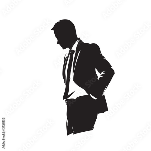 Sad businessman silhouette. Isolated vector illustration. Man in suit with hands in pockets thinking, side view