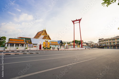 Bangkok, Thailand-May 2, 2021 : View of Giant Swing or Sao Chingcha with blue sky, famous place in Bangkok, Thailand.