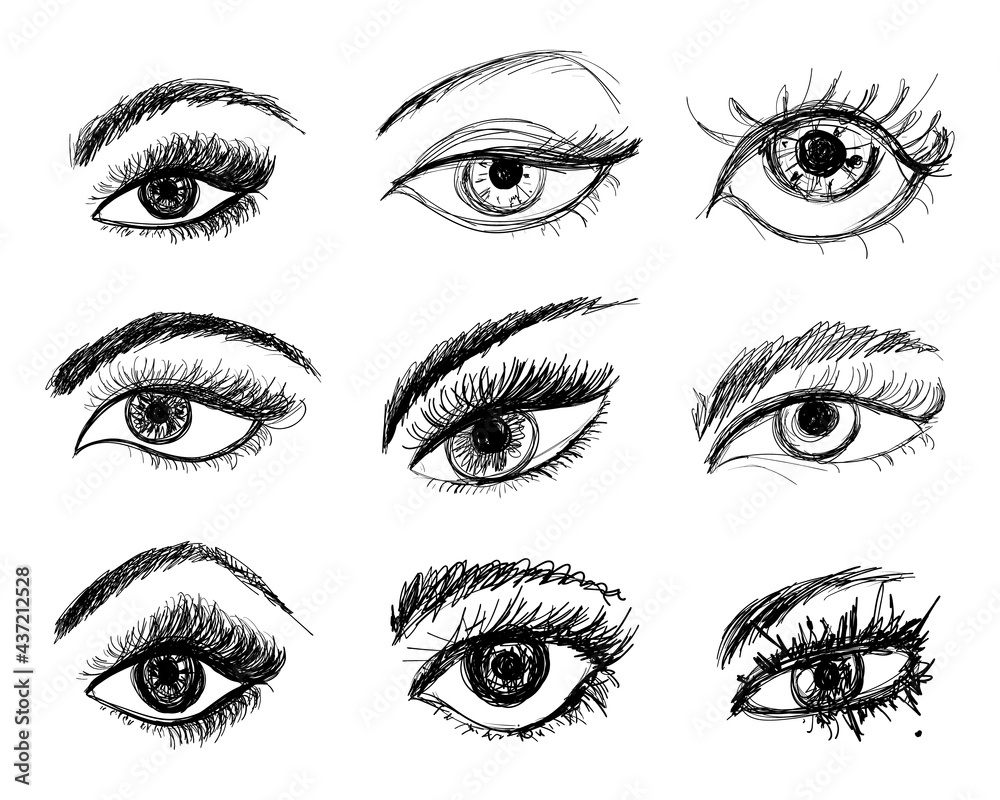 Set of Different Sketched Eye Icons Isolated on White