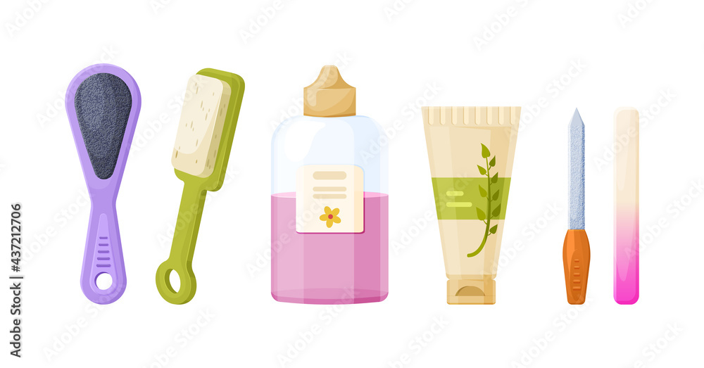 Collection of manicure, pedicure tools and cosmetics. Set of equipment for nails legs hands care. Domestic or salon beauty procedure with nail polish, file, hand cream Collection of manicure, pedicure tools and cosmetics. Set of equipment for nails legs hands care. Domestic or salon beauty procedure with nail polish, file, hand cream