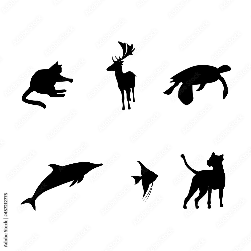 Full set of animal silhouette art, land and sea animals