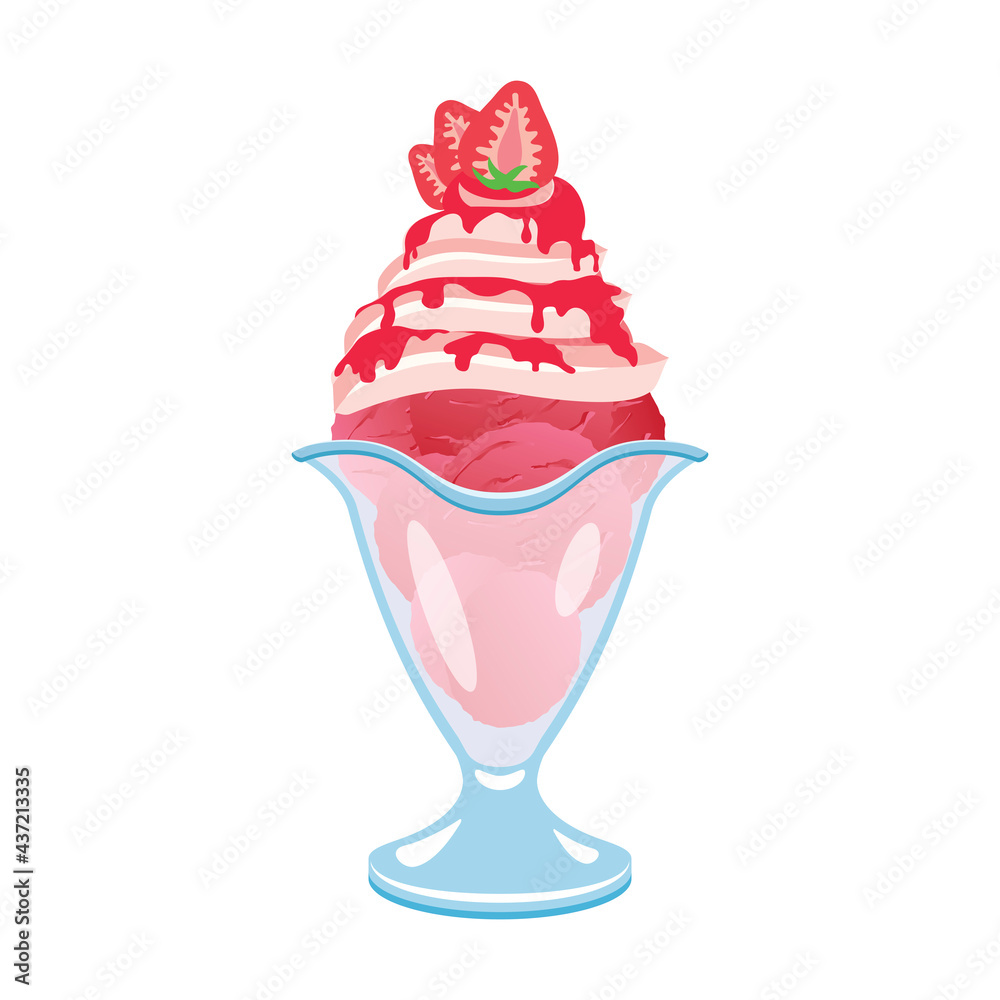Strawberry ice cream sundae with pink icing icon vector. Ice cream cup with whipped cream and pink icing icon isolated on a white background Strawberry ice cream sundae with pink icing icon vector. Ice cream cup with whipped cream and pink icing icon isolated on a white background