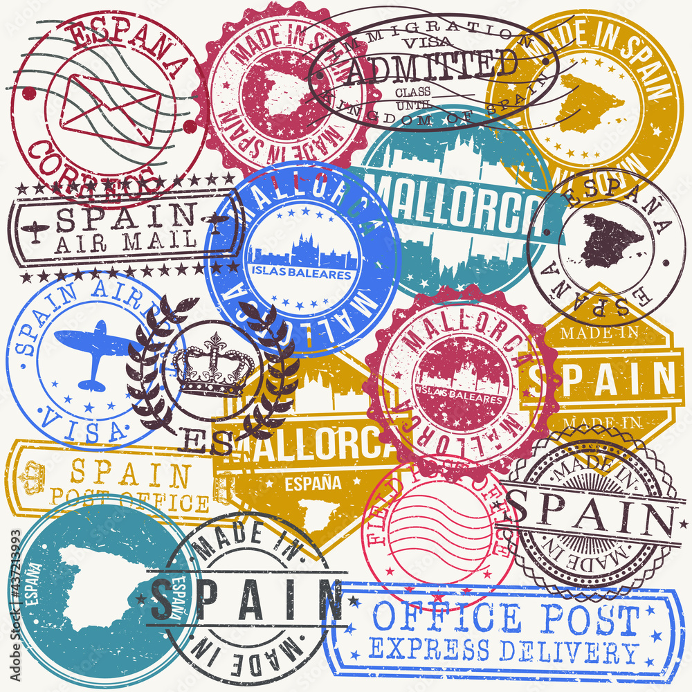 Mallorca Spain Set of Stamps. Travel Stamp. Made In Product. Design Seals Old Style Insignia.