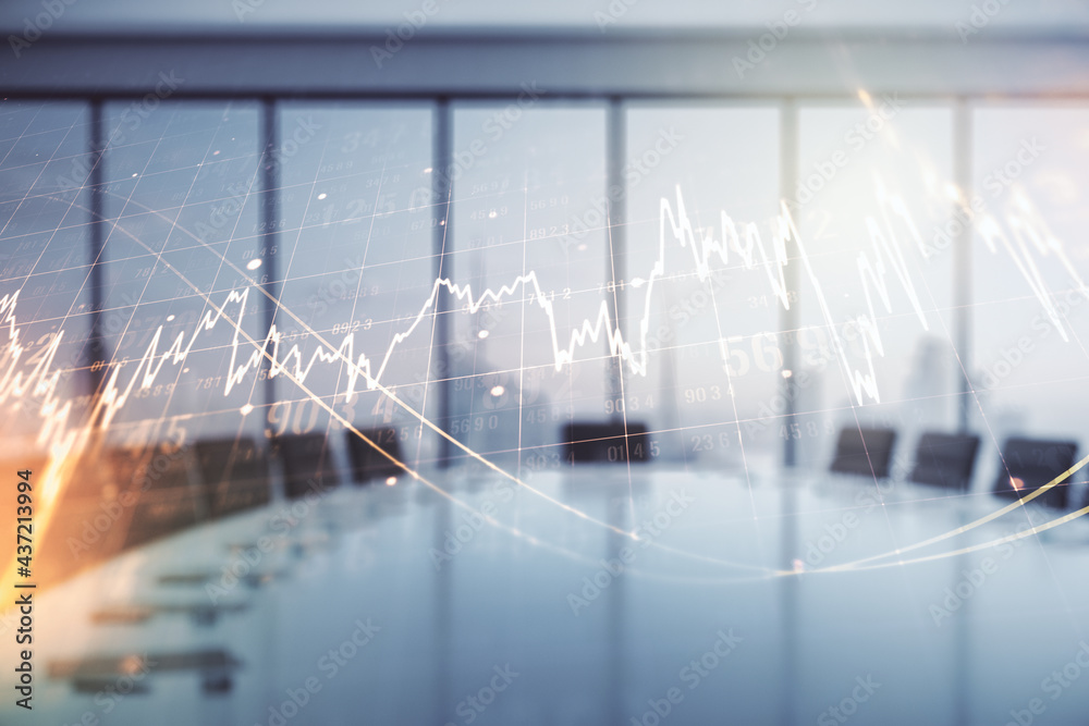 Multi exposure of virtual abstract financial diagram on a modern furnished office interior background, banking and accounting concept Multi exposure of virtual abstract financial diagram on a modern furnished office interior background, banking and accounting concept
