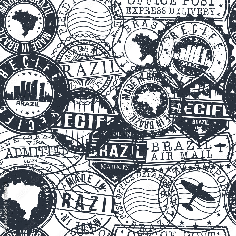 Fototapeta premium Recife Brazil Stamps Background. A City Stamp Vector Art. Set of Postal Passport Travel. Design Set Pattern.