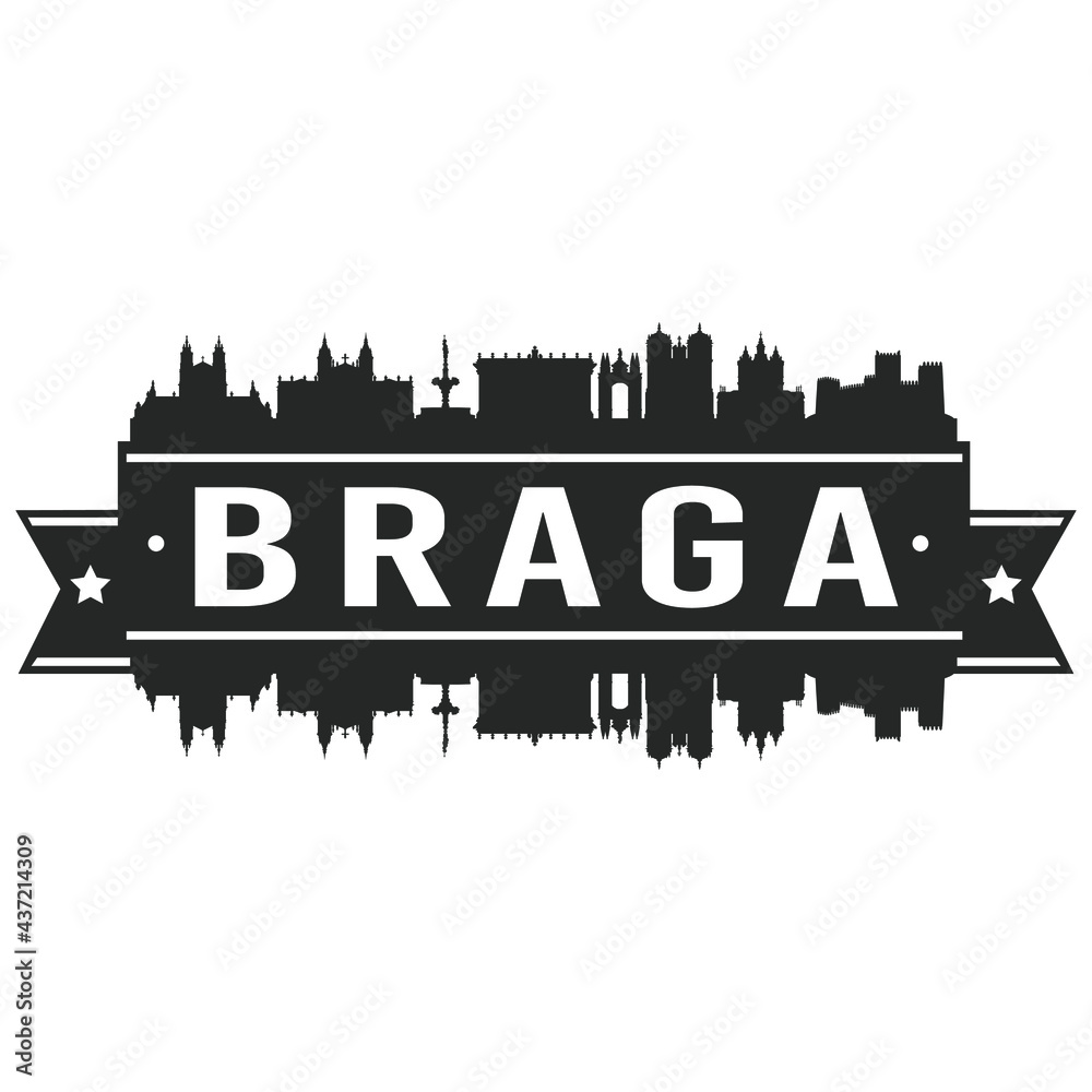 Braga Portugal. Skyline Silhouette City. Cityscape Design Vector. Famous Monuments Tourism.