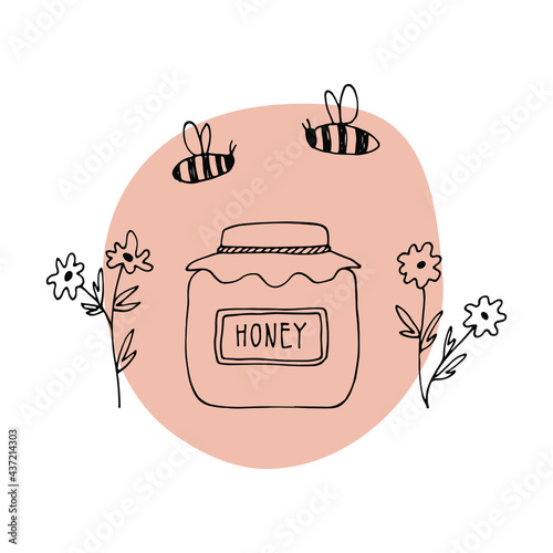 Vector honey pot with flowers and bees. Linear hand drawn illustration with bright spot is perfect for honey design, beekeeper brand identity, floral logo, icon, label, card, sticker, poster