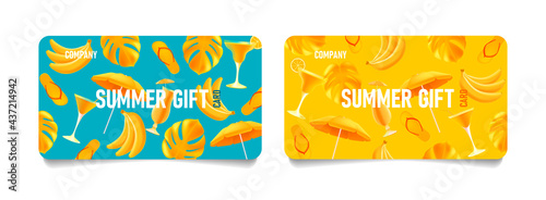 Set of summer gift cards or vouchers with bright 3d illustrations of summer beach attributes