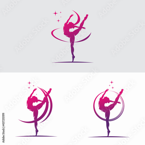 Young gymnast woman dance with ribbon logo