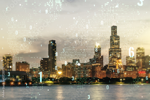Double exposure of abstract creative programming illustration and world map on Chicago office buildings background, big data and blockchain concept