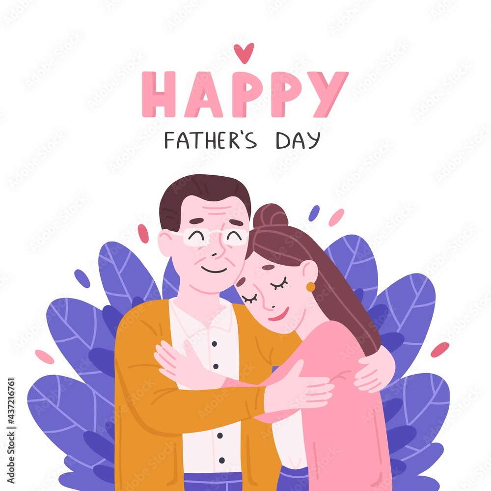 Happy elderly father and daughter hugging. Bright vector illustration in flat cartoon style on the theme of father's day. Happy elderly father and daughter hugging. Bright vector illustration in flat cartoon style on the theme of father's day.