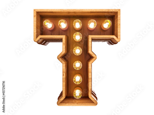 Fototapeta Naklejka Na Ścianę i Meble -  Letter T with realistic light bulbs and wood isolated on white background. 3D illustration.