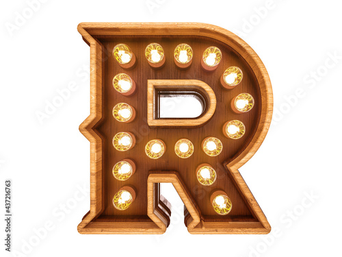 Fototapeta Naklejka Na Ścianę i Meble -  Letter R with realistic light bulbs and wood isolated on white background. 3D illustration.