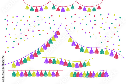 Tissue paper tassel garlands and confetti. Festive clipart. Set of decorative elements isolated on white background. Vector illustration for postcard, banner, baby shower and party invitation, poster