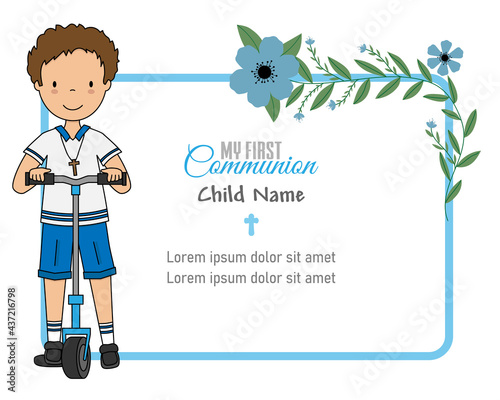 My first communion card. Boy on scooter and frame with space for text or photo	