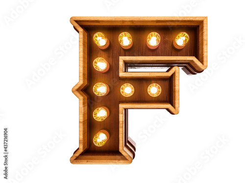 Fototapeta Naklejka Na Ścianę i Meble -  Letter F with realistic light bulbs and wood isolated on white background. 3D illustration.