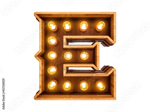 Fototapeta Naklejka Na Ścianę i Meble -  Letter E with realistic light bulbs and wood isolated on white background. 3D illustration.