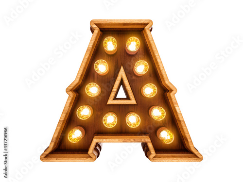 Fototapeta Naklejka Na Ścianę i Meble -  Letter A with realistic light bulbs and wood isolated on white background. 3D illustration.