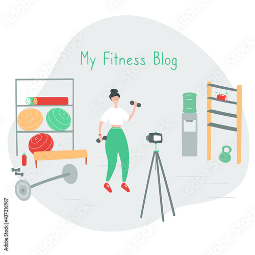 Fitness blogger. Sportswoman broadcasting vlog for followers. Athlete records video set of exercises for her subscribers. Remote workout training concept. Cartoon vector illustration