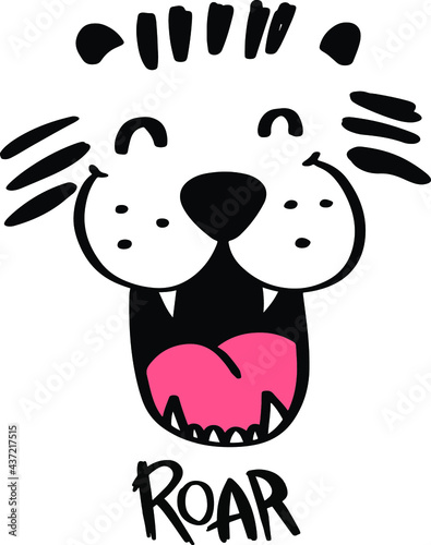 Hand drawn tiger face. Typography kids print . cartoon tiger