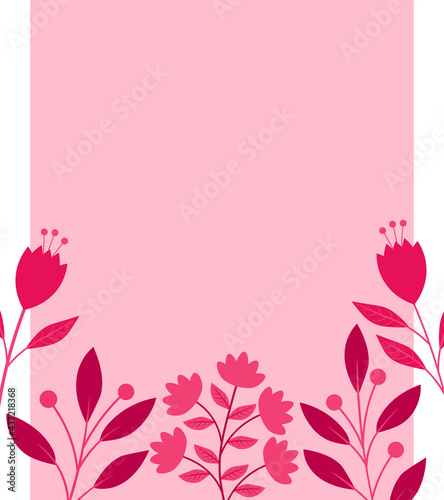 Frame pink plant silhouettes vector illustration. Postcard flower pink leaves