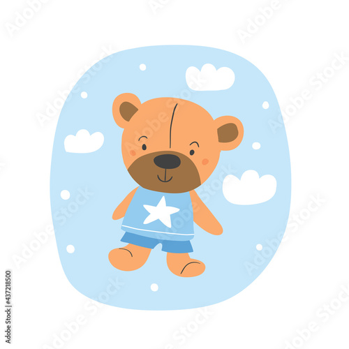 Cute vector illustration of the teddy bear with sky, clouds isolated on white. Cute bear vignette illustration in blue colors. Kids illustration for boys