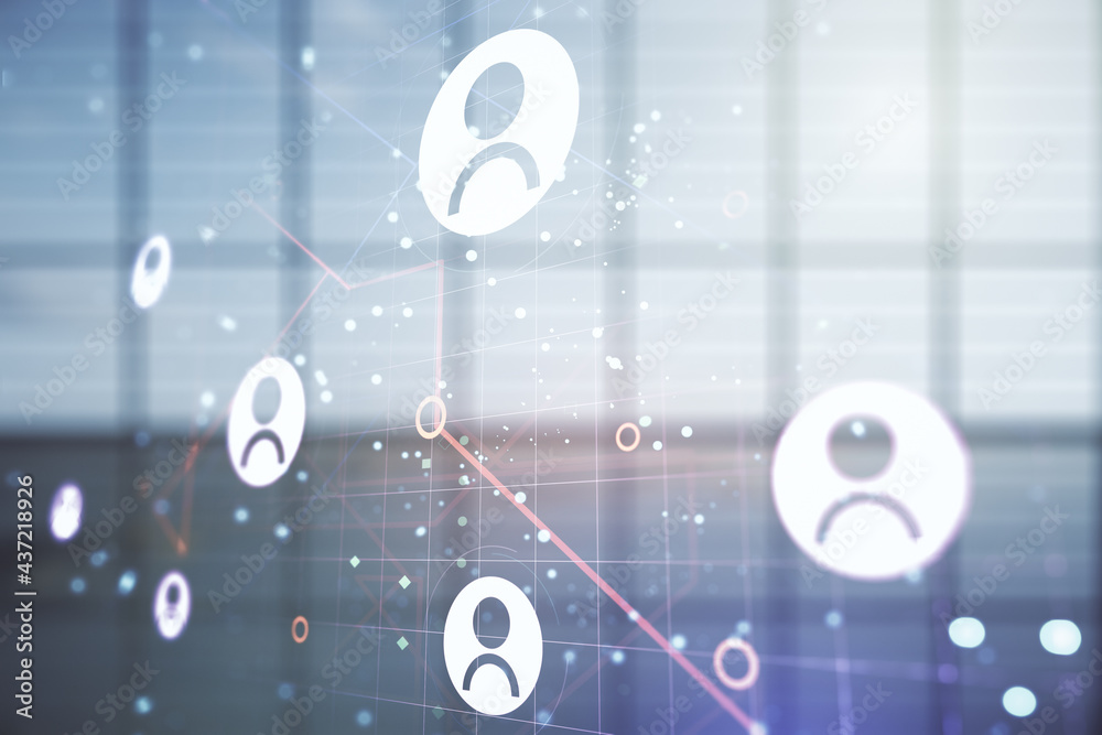 Obraz premium Double exposure of social network icons hologram on empty room interior background. Networking concept