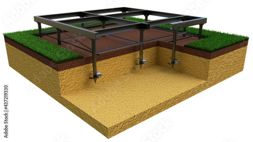 screw piers foundation, isolated creative industrial 3D rendering