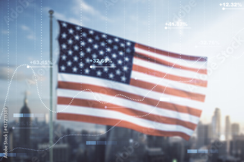 Multi exposure of stats data illustration on USA flag and blurry cityscape background, computing and analytics concept
