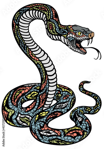 a poisonous snake in a defensive position. Attacking posture. Tattoo style isolated vector illustration