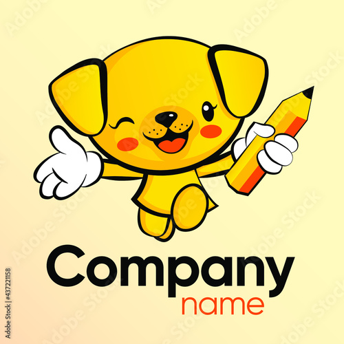 A smiling, open, cute dog with a pencil in his hand as a mascot or graphic element for a logo