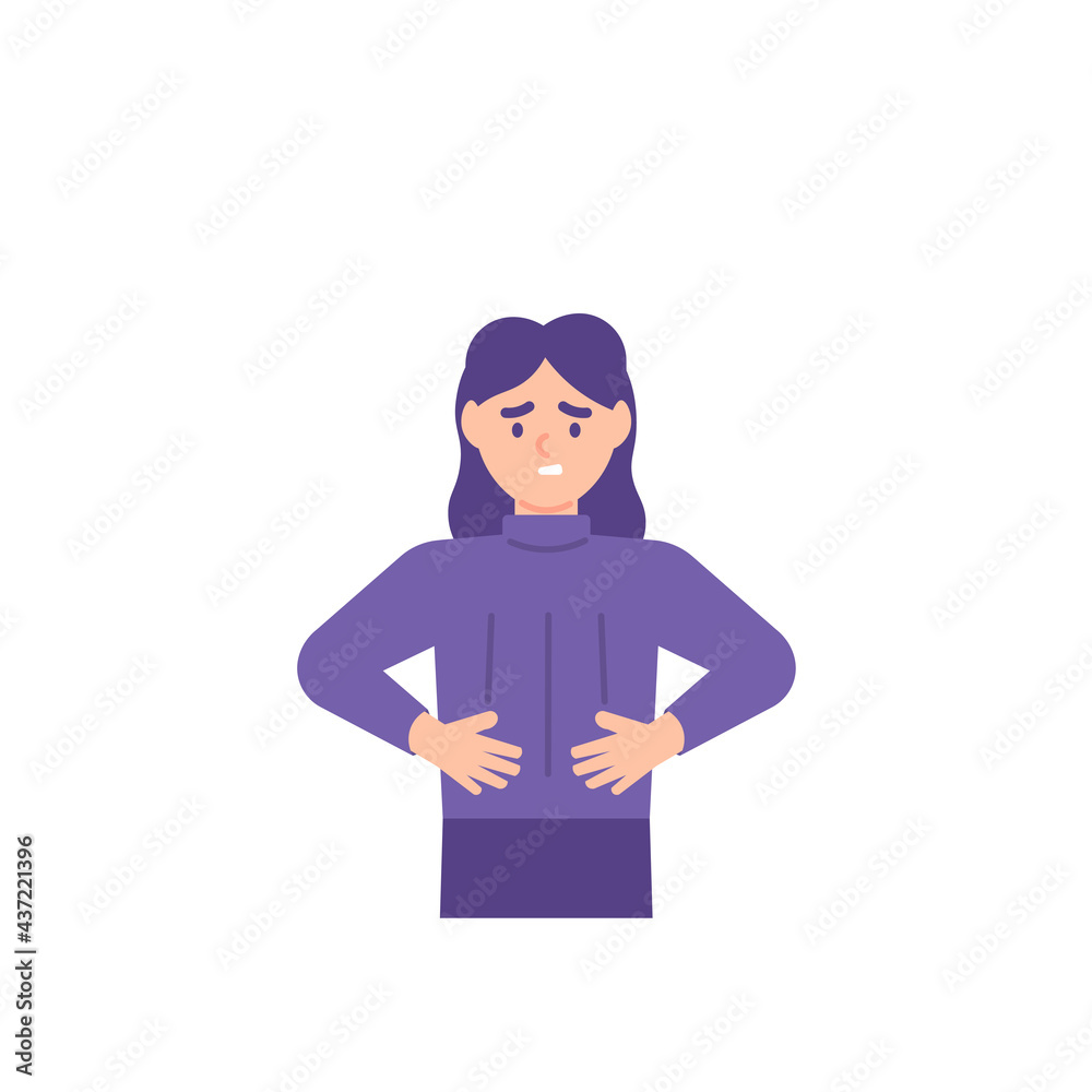 Fototapeta premium illustration of a woman whose stomach rumbles or sounds because he is hungry. holding his stomach. experiencing stomach or ulcer pain. flat style. vector design