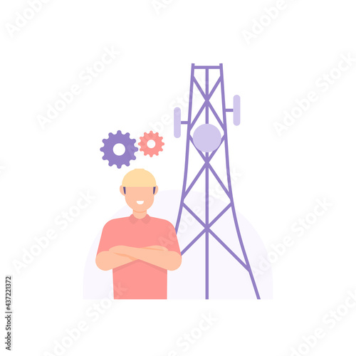 BTS or Base Transceiver Station technician, network technician, communication engineering. illustration of male workers. flat style. vector design