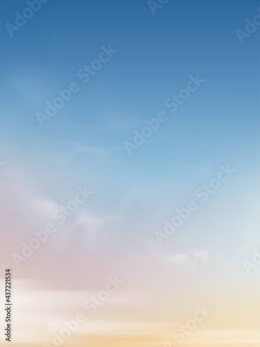 Morning sky with white clouds, Vertical Spring sky scape in blue, yellow and pink pastel color,Vector background of nature sky in sunny day Summer background,Backdrop for World environment day concept