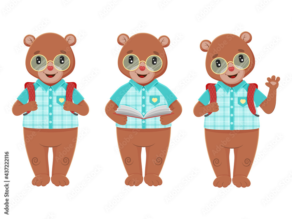 set from cute little bears, schoolboys. Kawaii character. Vector children illustration. Objects isolated on white. set from cute little bears, schoolboys. Kawaii character. Vector children illustration. Objects isolated on white.
