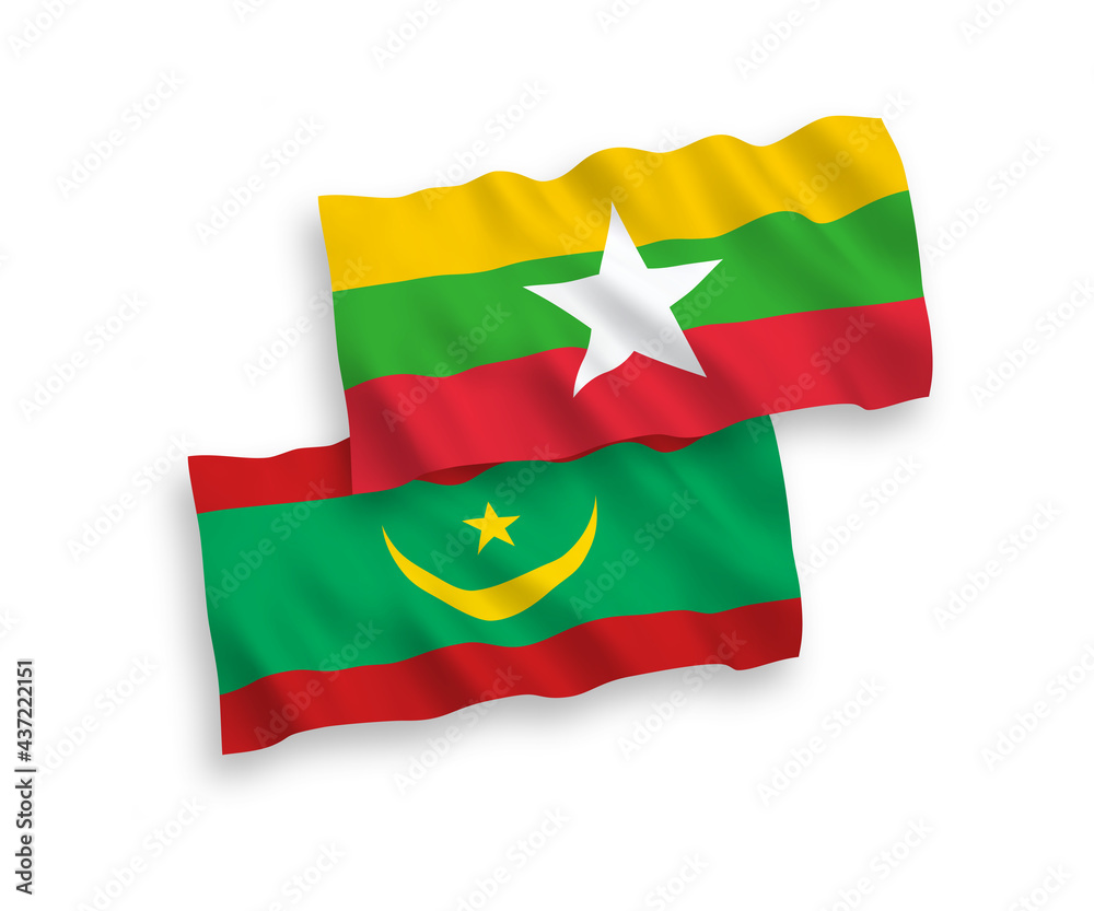 Flags of Islamic Republic of Mauritania and Myanmar on a white background